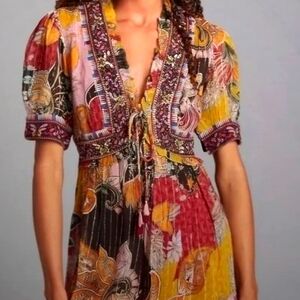 Anthropologie Verb By Pallavi Singee Beaded Shimmer Mini Gold Ruffle Dress